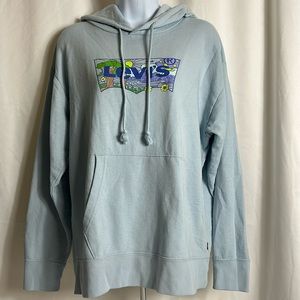 Levi’s Women’s Size Medium Powder Blue Hoodie Graphics Front Pullover Sweatshirt